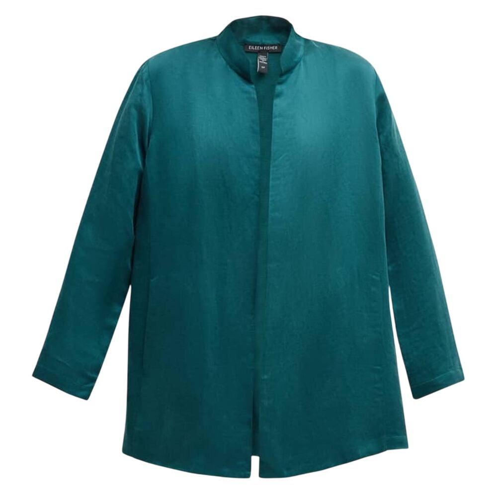Eileen Fisher $345 Mandarin-Collar Open-Front Satin Jacket in Agean Green XXS